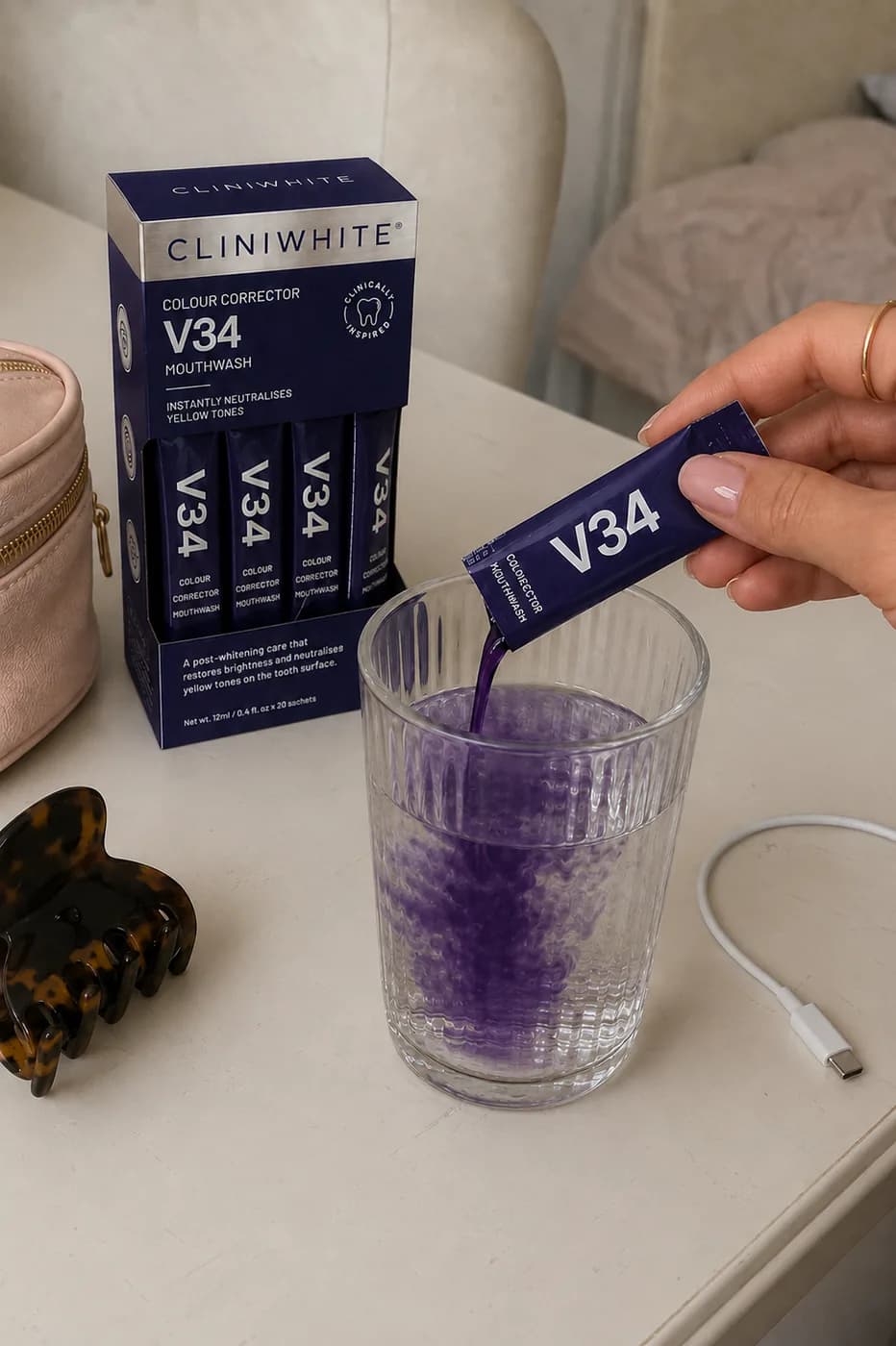 V34 Colour Corrector Mouthwash, one sachet per glass