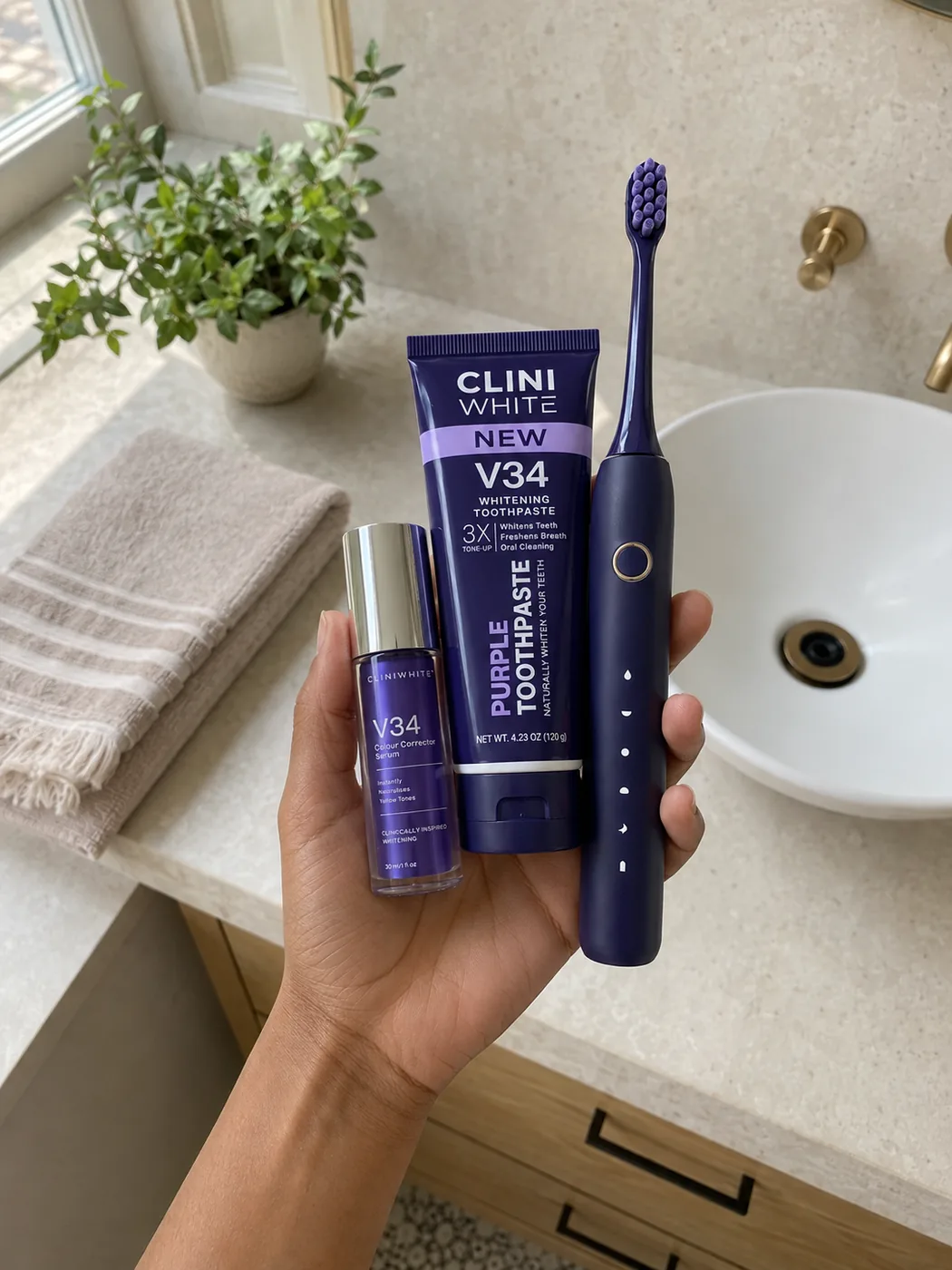 The daily V34 routine — toothpaste, serum and toothbrush